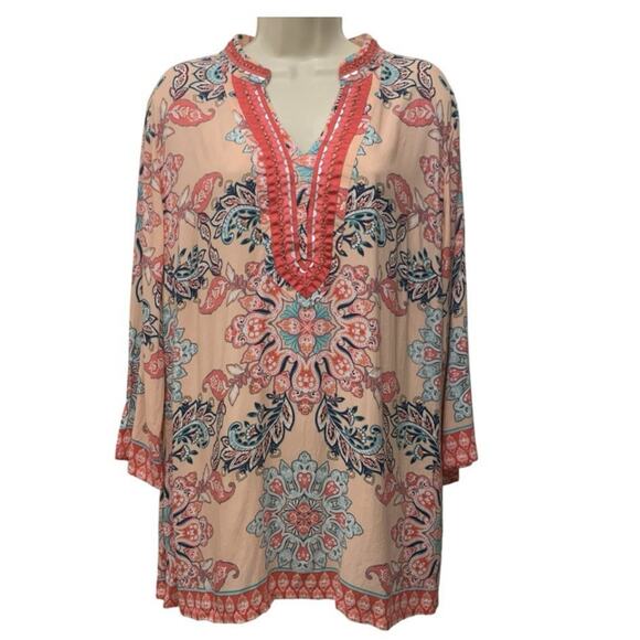 Charter Club Floral Tunic Top – Size Medium – NWT Boho Beaded Rayon Peach Coral - Picture 1 of 8